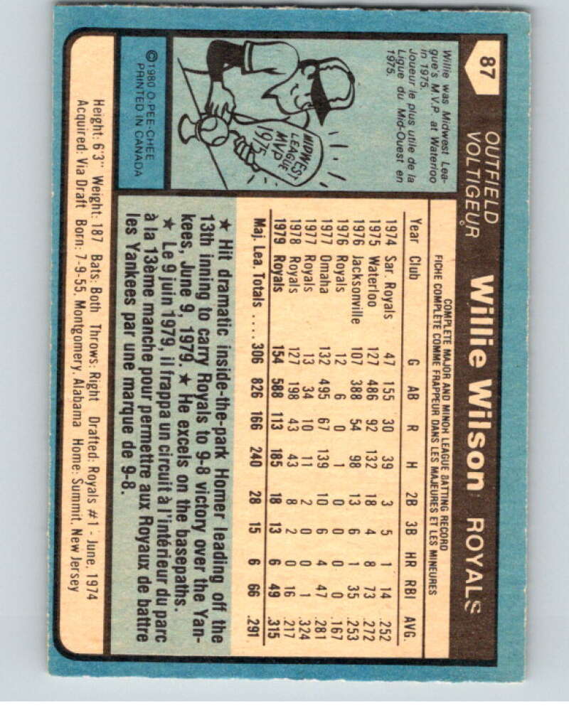 1980 O-Pee-Chee #87 Willie Wilson  Kansas City Royals  V79083 Image 2