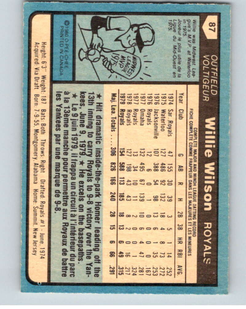1980 O-Pee-Chee #87 Willie Wilson  Kansas City Royals  V79084 Image 2