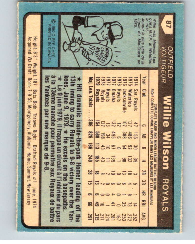 1980 O-Pee-Chee #87 Willie Wilson  Kansas City Royals  V79085 Image 2