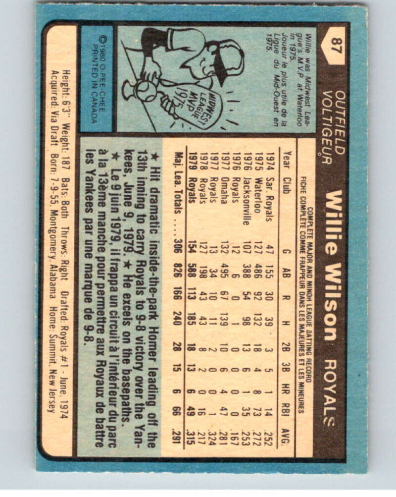1980 O-Pee-Chee #87 Willie Wilson  Kansas City Royals  V79086 Image 2