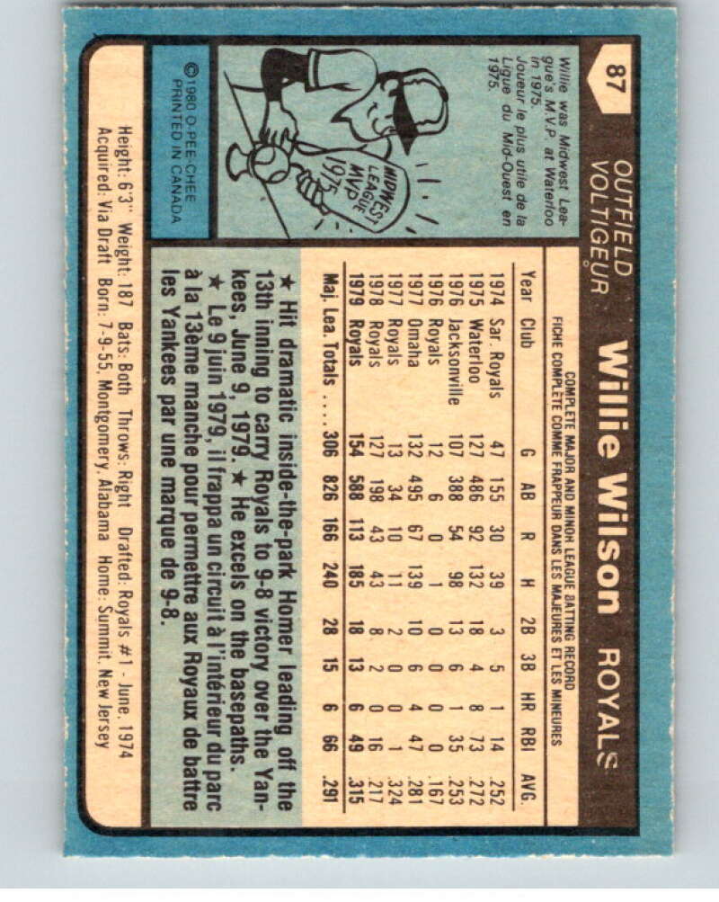 1980 O-Pee-Chee #87 Willie Wilson  Kansas City Royals  V79087 Image 2