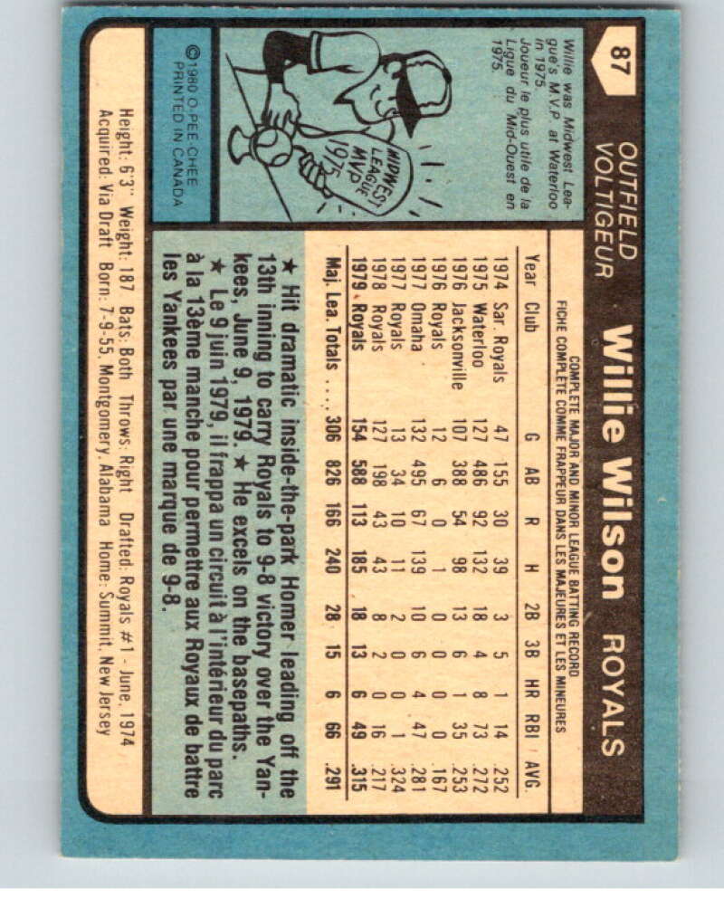 1980 O-Pee-Chee #87 Willie Wilson  Kansas City Royals  V79089 Image 2