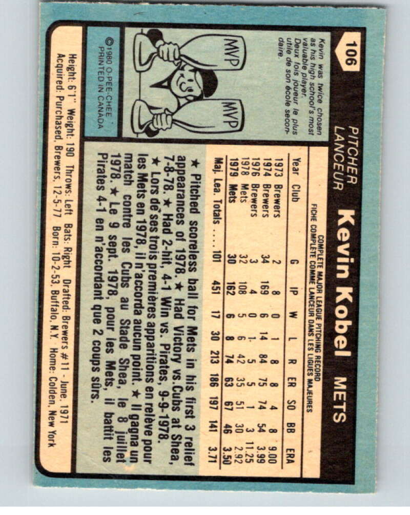 1980 O-Pee-Chee #106 Kevin Kobel  New York Mets  V79145 Image 2