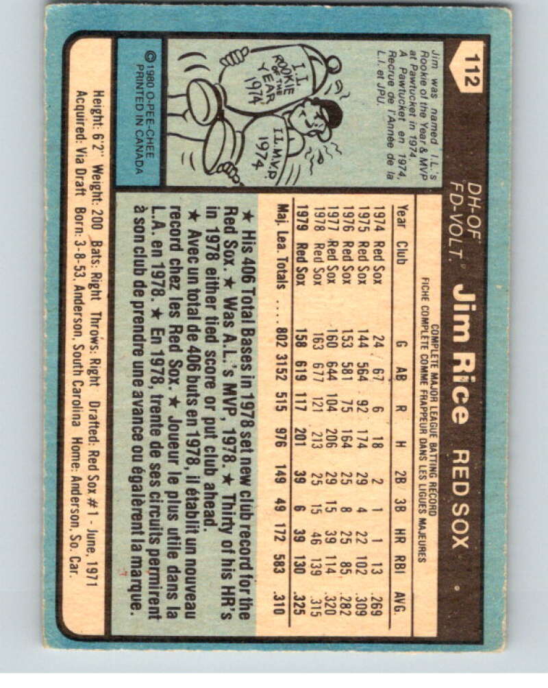 1980 O-Pee-Chee #112 Jim Rice  Boston Red Sox  V79157 Image 2