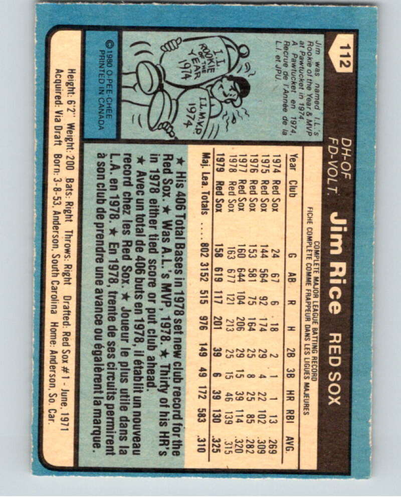 1980 O-Pee-Chee #112 Jim Rice  Boston Red Sox  V79158 Image 2