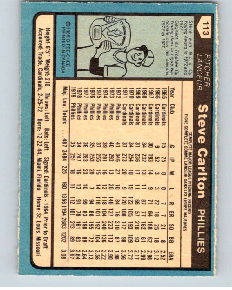 1980 O-Pee-Chee #113 Steve Carlton  Philadelphia Phillies  V79160 Image 2