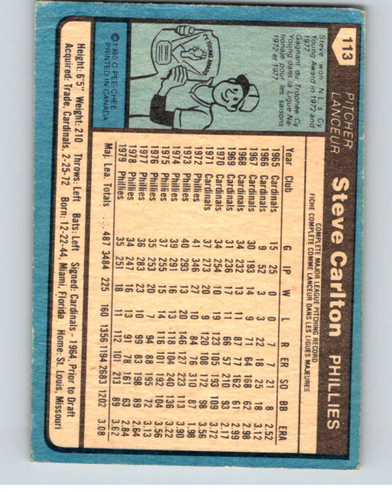 1980 O-Pee-Chee #113 Steve Carlton  Philadelphia Phillies  V79161 Image 2