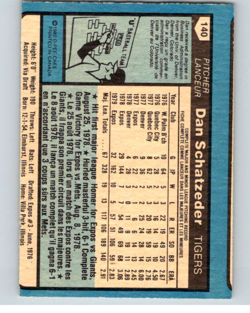 1980 O-Pee-Chee #140 Dan Schatzeder  Detroit Tigers/ Expos  V79258 Image 2