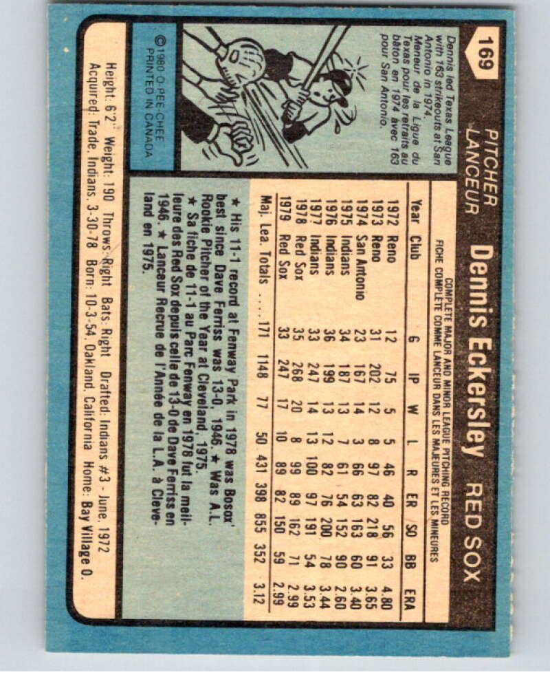 1980 O-Pee-Chee #169 Dennis Eckersley  Boston Red Sox  V79350 Image 2