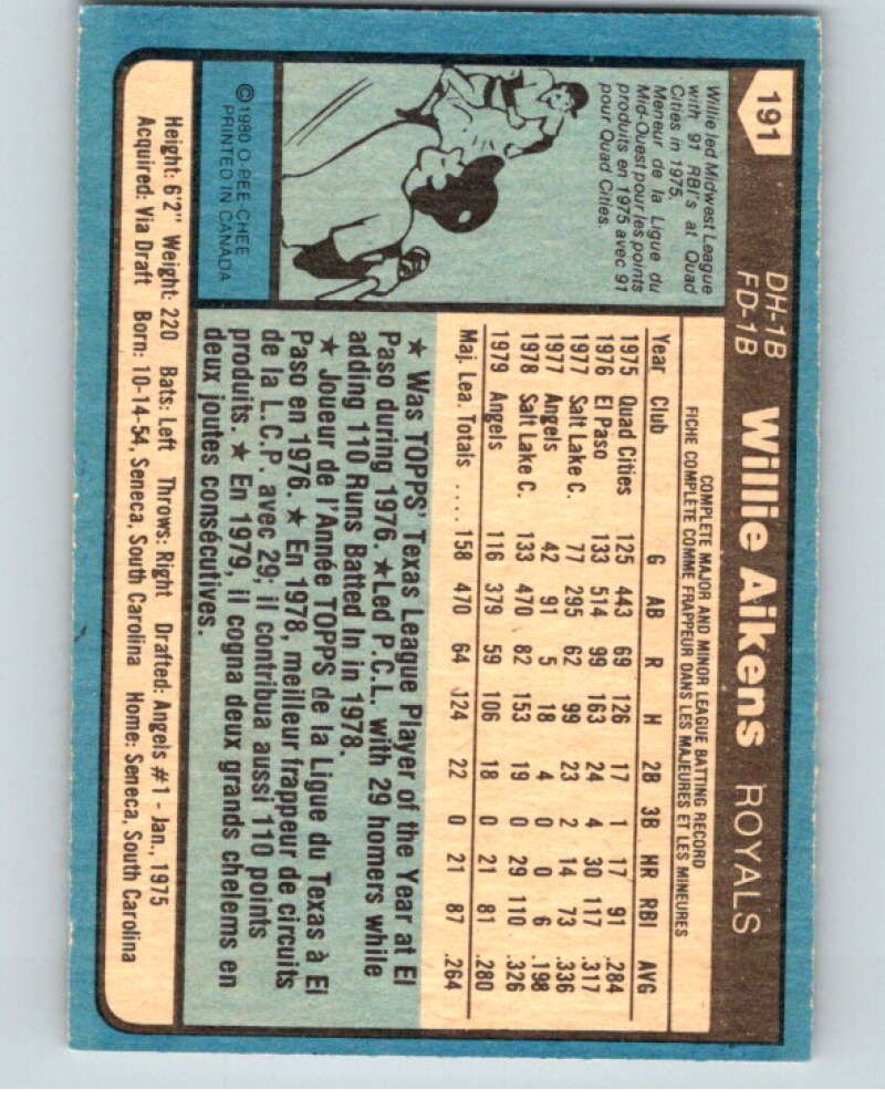 1980 O-Pee-Chee #191 Willie Aikens  Kansas City Royals/Angels  V79428 Image 2
