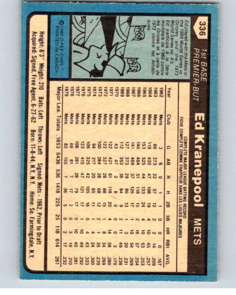 1980 O-Pee-Chee #336 Ed Kranepool  New York Mets  V79828 Image 2