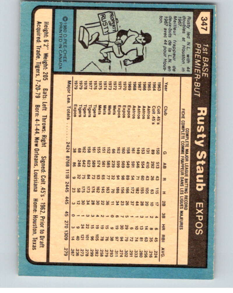 1980 O-Pee-Chee #347 Rusty Staub  Montreal Expos  V79862 Image 2