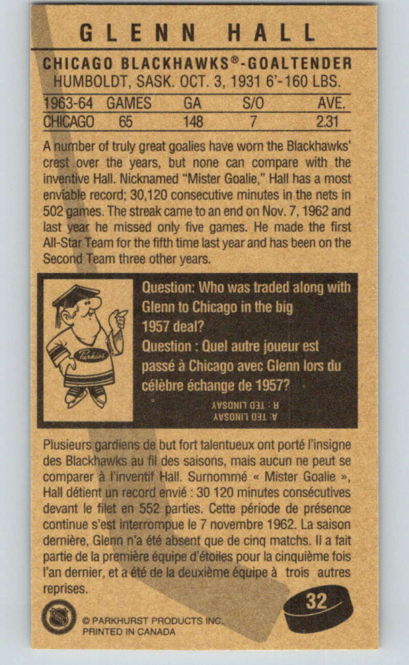 1994-95 Parkhurst Tall Boys #32 Glenn Hall  Blackhawks  V80904 Image 2