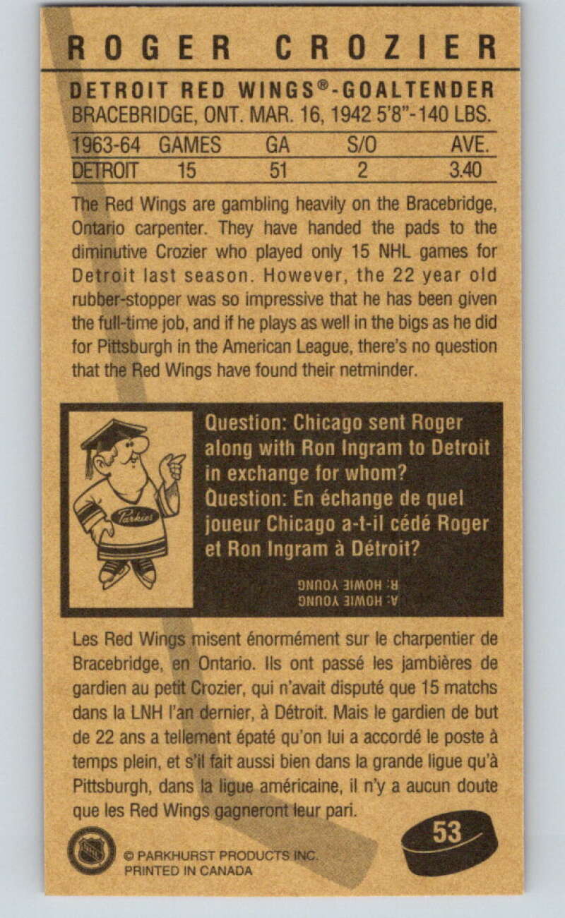 1994-95 Parkhurst Tall Boys #53 Roger Crozier  Red Wings  V80949 Image 2
