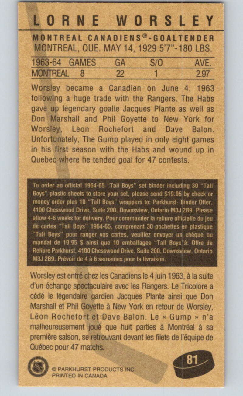1994-95 Parkhurst Tall Boys #81 Gump Worsley  Canadiens  V81034 Image 2