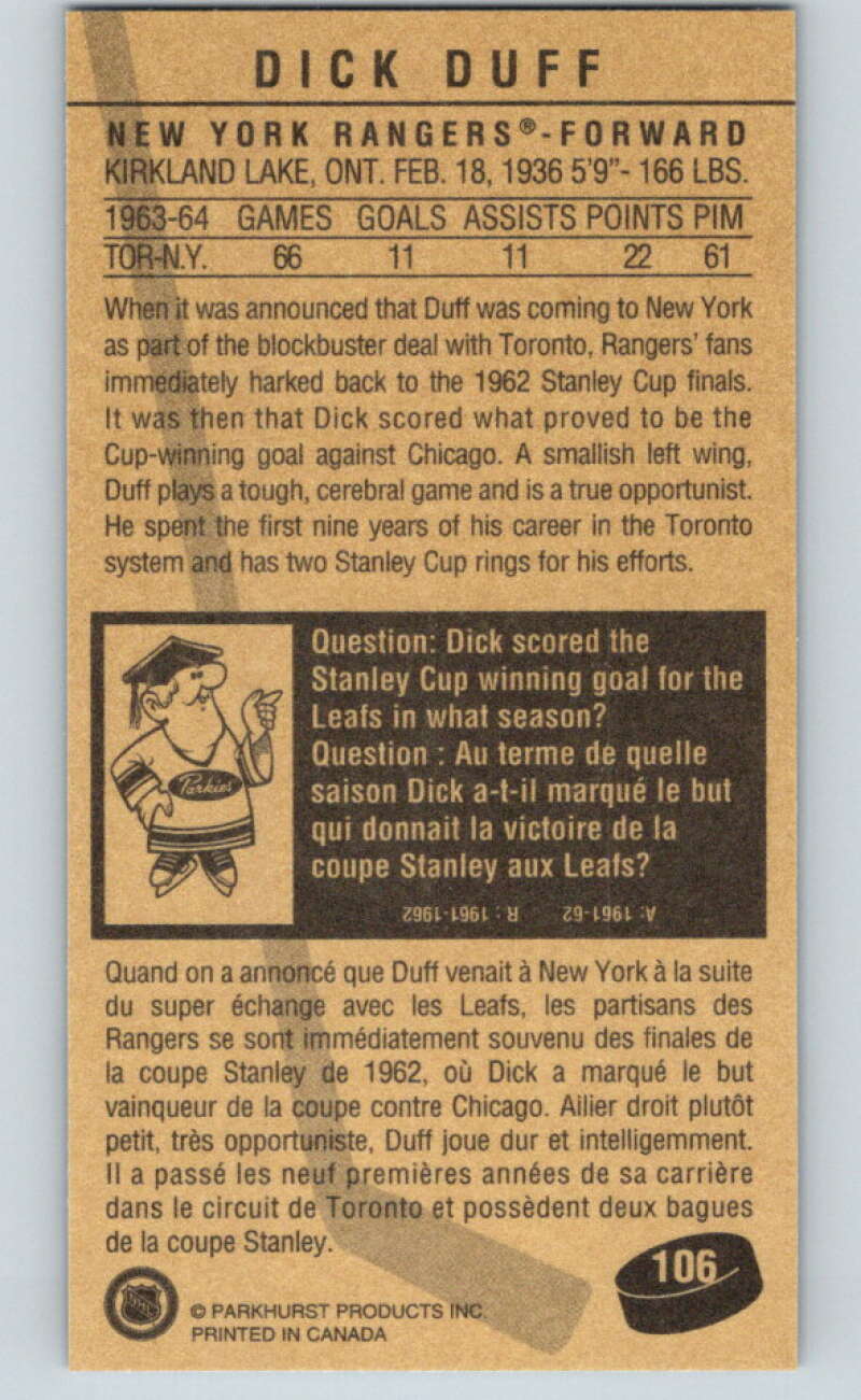 1994-95 Parkhurst Tall Boys #106 Dick Duff  Rangers  V81099 Image 2