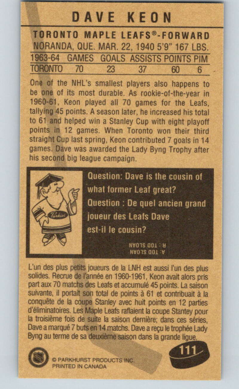1994-95 Parkhurst Tall Boys #111 Dave Keon  Maple Leafs  V81110 Image 2