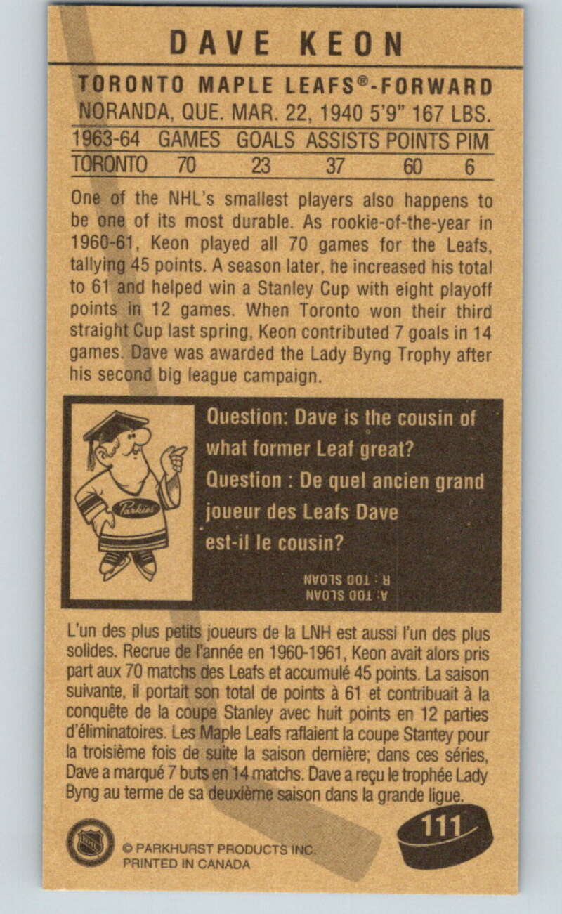 1994-95 Parkhurst Tall Boys #111 Dave Keon  Maple Leafs  V81112 Image 2