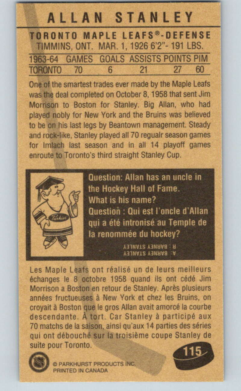 1994-95 Parkhurst Tall Boys #115 Allan Stanley  Maple Leafs  V81123 Image 2