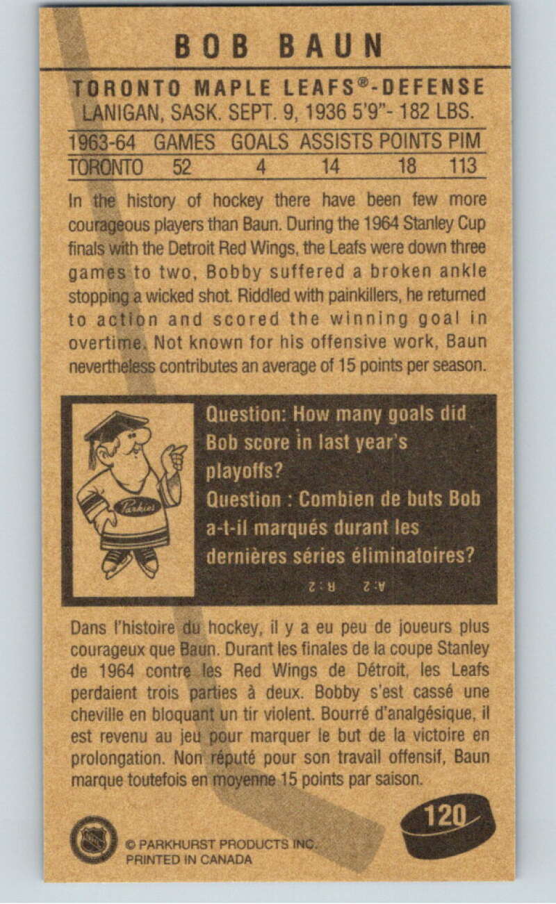 1994-95 Parkhurst Tall Boys #120 Bob Baun  Maple Leafs  V81136 Image 2