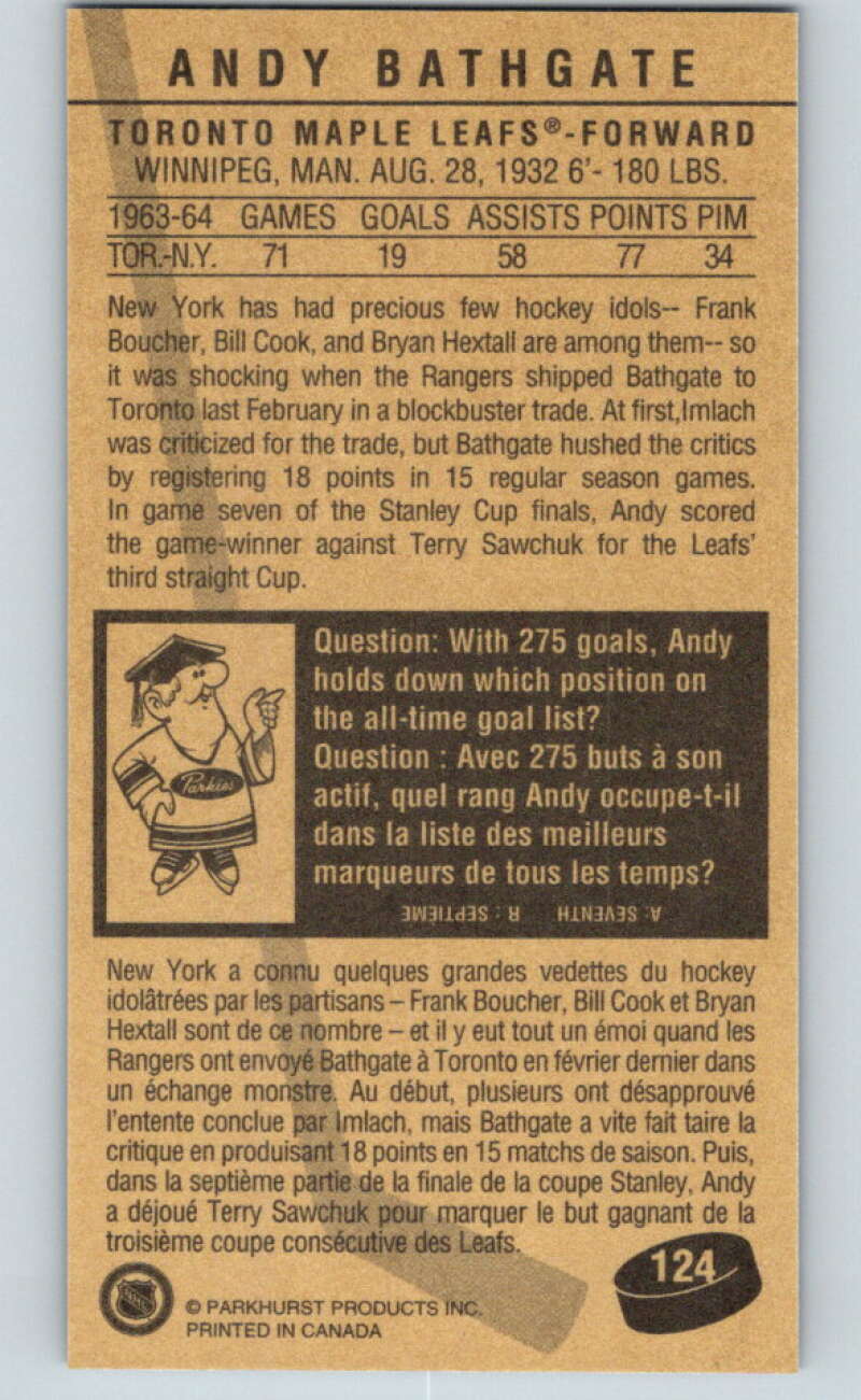 1994-95 Parkhurst Tall Boys #124 Andy Bathgate  Maple Leafs  V81144 Image 2