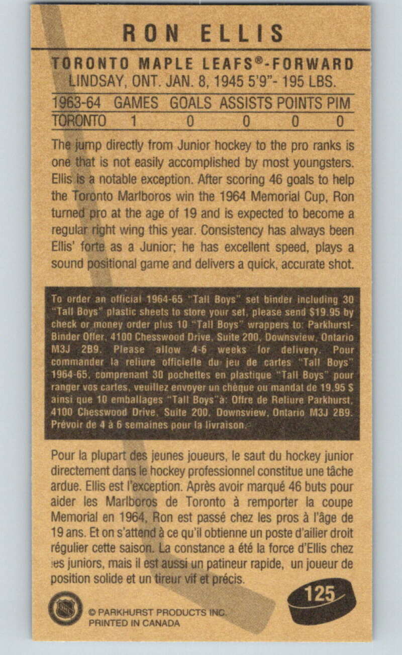 1994-95 Parkhurst Tall Boys #125 Ron Ellis  Maple Leafs  V81145 Image 2