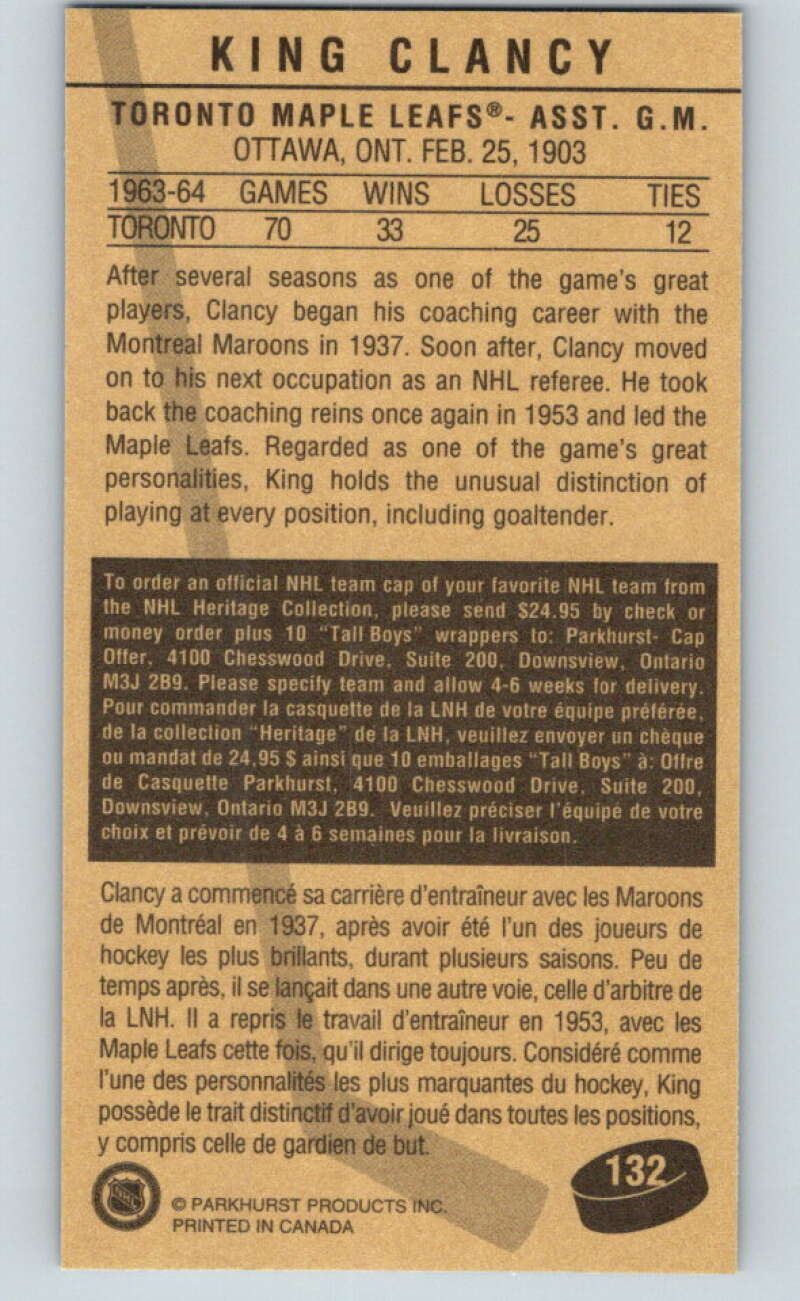1994-95 Parkhurst Tall Boys #132 King Clancy  Maple Leafs  V81158 Image 2
