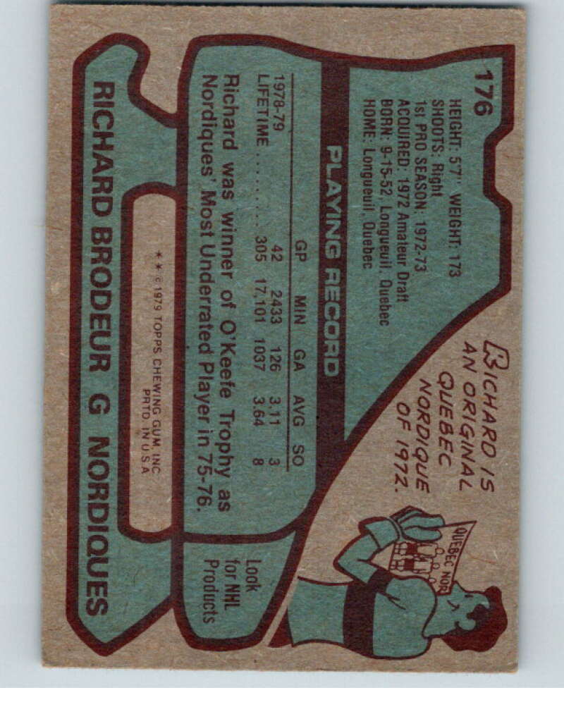 1979-80 Topps #176 Richard Brodeur  Quebec Nordiques  V81768 Image 2