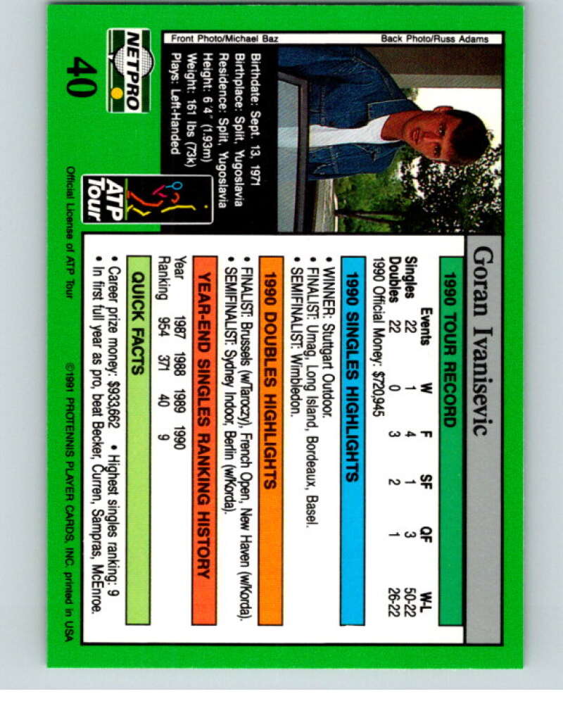 1991 NetPro Tour Stars Tennis #40 Goran Ivanisevic  RC Rookie  V82077 Image 2