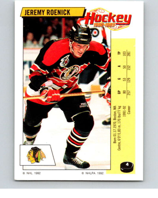 1992-93 Panini Stickers Hockey  #4 Jeremy Roenick  Chicago Blackhawks  V82453 Image 1