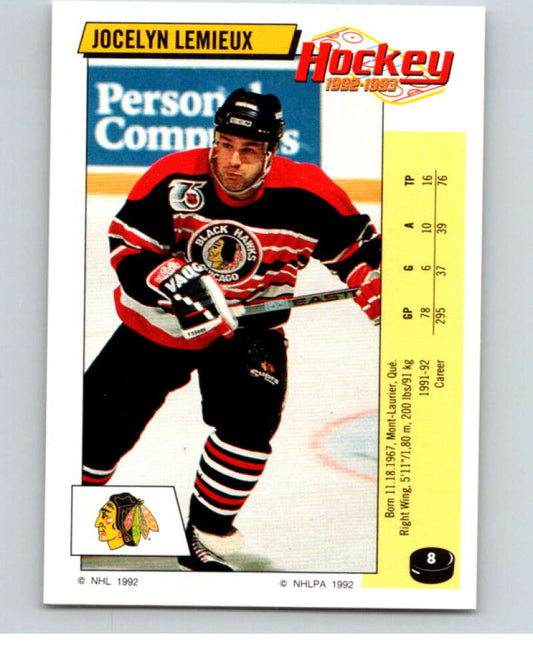 1992-93 Panini Stickers Hockey  #8 Jocelyn Lemieux  Chicago Blackhawks  V82460 Image 1