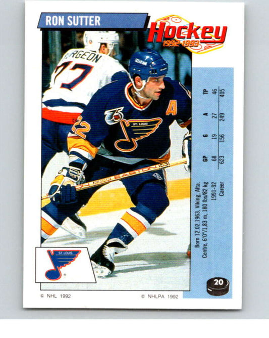 1992-93 Panini Stickers Hockey  #20 Ron Sutter  St. Louis Blues  V82484 Image 1