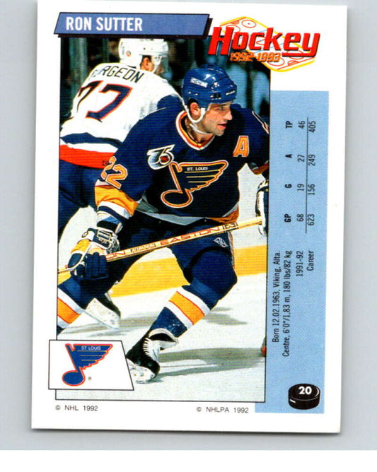1992-93 Panini Stickers Hockey  #20 Ron Sutter  St. Louis Blues  V82485 Image 1