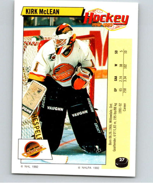 1992-93 Panini Stickers Hockey  #27 Kirk McLean  Vancouver Canucks  V82499 Image 1