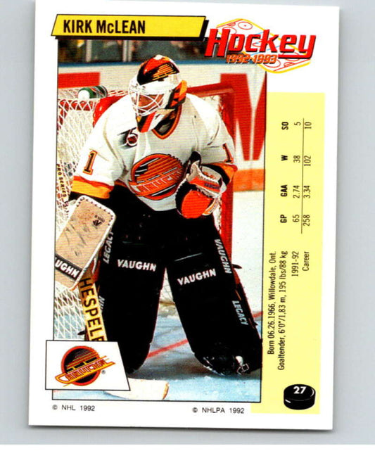 1992-93 Panini Stickers Hockey  #27 Kirk McLean  Vancouver Canucks  V82500 Image 1