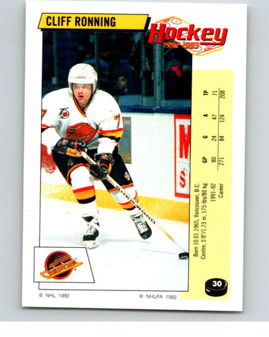 1992-93 Panini Stickers Hockey  #30 Cliff Ronning  Vancouver Canucks  V82505 Image 1