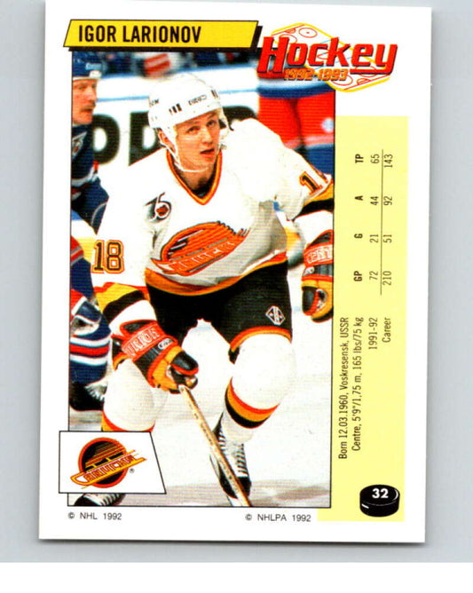 1992-93 Panini Stickers Hockey  #32 Igor Larionov  Vancouver Canucks  V82510 Image 1