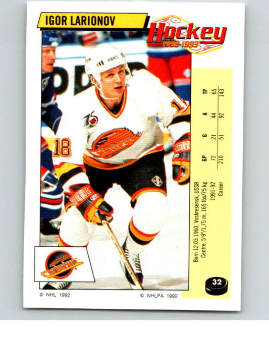 1992-93 Panini Stickers Hockey  #32 Igor Larionov  Vancouver Canucks  V82511 Image 1