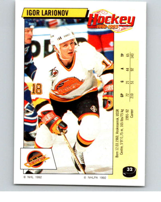 1992-93 Panini Stickers Hockey  #32 Igor Larionov  Vancouver Canucks  V82512 Image 1
