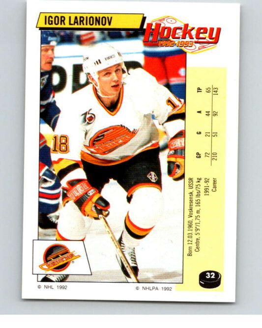 1992-93 Panini Stickers Hockey  #32 Igor Larionov  Vancouver Canucks  V82513 Image 1