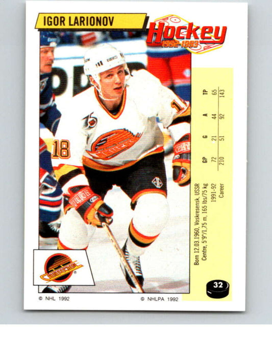1992-93 Panini Stickers Hockey  #32 Igor Larionov  Vancouver Canucks  V82514 Image 1
