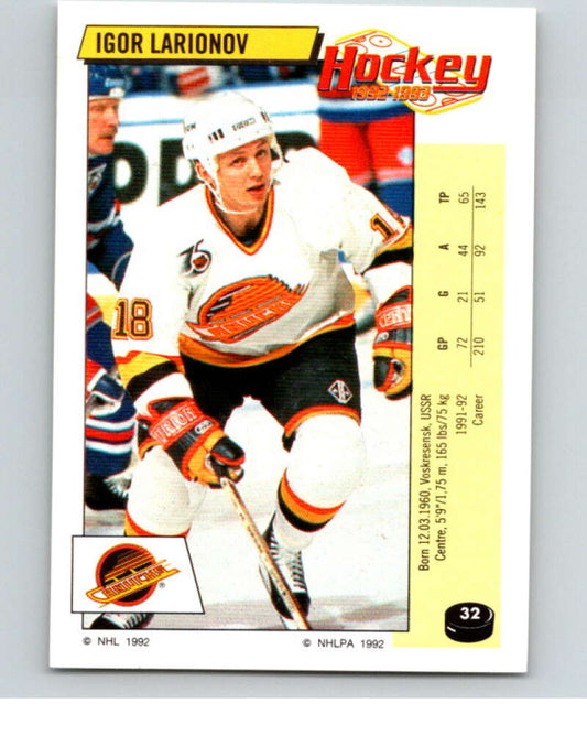 1992-93 Panini Stickers Hockey  #32 Igor Larionov  Vancouver Canucks  V82515 Image 1