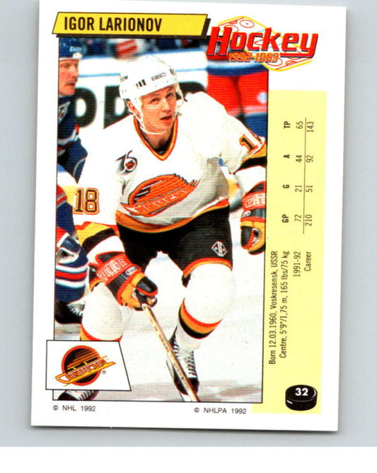 1992-93 Panini Stickers Hockey  #32 Igor Larionov  Vancouver Canucks  V82516 Image 1