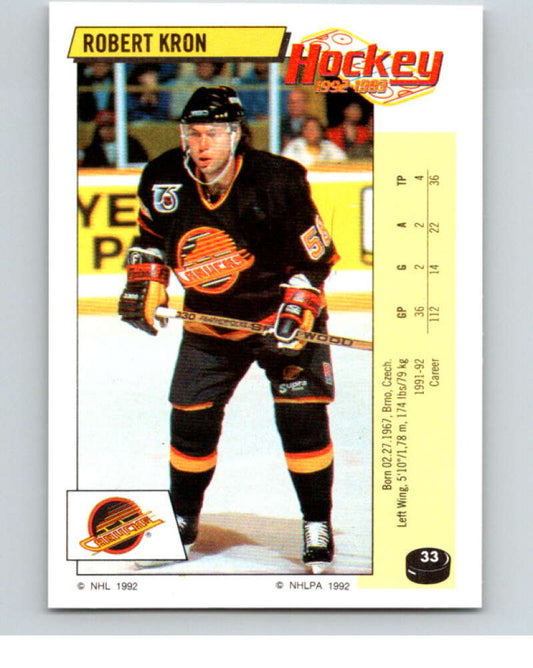 1992-93 Panini Stickers Hockey  #33 Robert Kron  Vancouver Canucks  V82517 Image 1