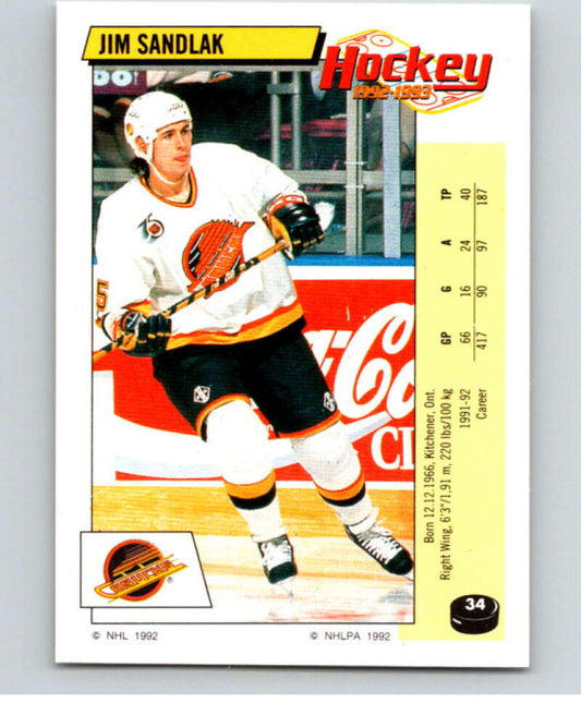 1992-93 Panini Stickers Hockey  #34 Jim Sandlak  Vancouver Canucks  V82519 Image 1