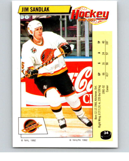 1992-93 Panini Stickers Hockey  #34 Jim Sandlak  Vancouver Canucks  V82520 Image 1