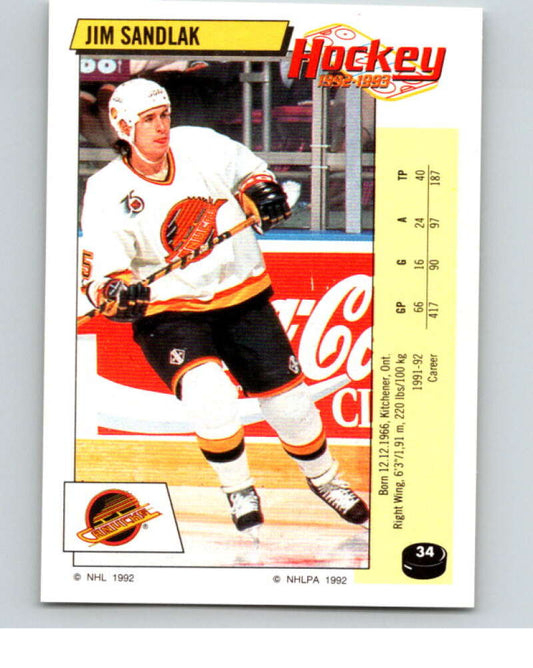 1992-93 Panini Stickers Hockey  #34 Jim Sandlak  Vancouver Canucks  V82521 Image 1