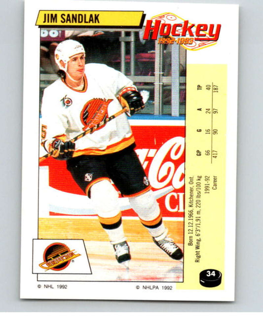 1992-93 Panini Stickers Hockey  #34 Jim Sandlak  Vancouver Canucks  V82522 Image 1