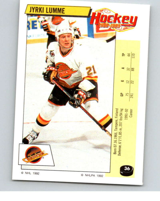 1992-93 Panini Stickers Hockey  #36 Jyrki Lumme  Vancouver Canucks  V82530 Image 1