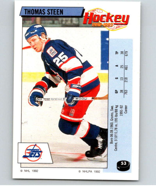 1992-93 Panini Stickers Hockey  #53 Thomas Steen  Winnipeg Jets  V82565 Image 1